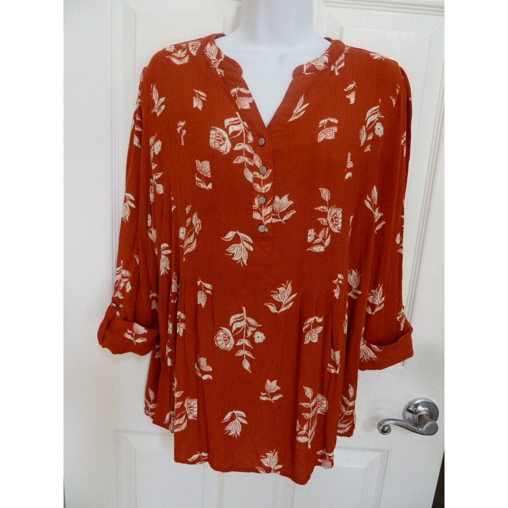 Kim Rogers XL Rust Orange Floral Gauzy Blouse Peasant 3/4 Sleeve Pullover Top